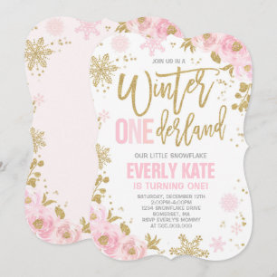 Winter ONEderland Birthday Uitnodiging roze goud