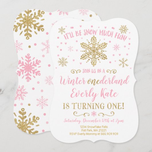 Winter ONEderland Birthday Uitnodiging roze goud (Voorkant / Achterkant)
