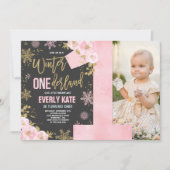 Winter ONEderland Birthday Uitnodiging roze goud (Voorkant)