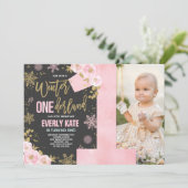 Winter ONEderland Birthday Uitnodiging roze goud (Staand voorkant)