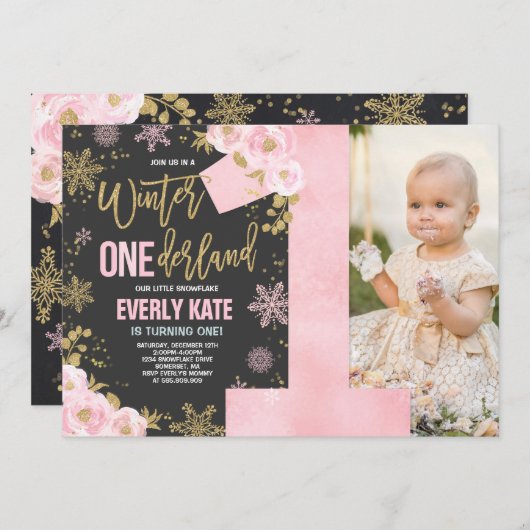 Winter ONEderland Birthday Uitnodiging roze goud (Voorkant / Achterkant)