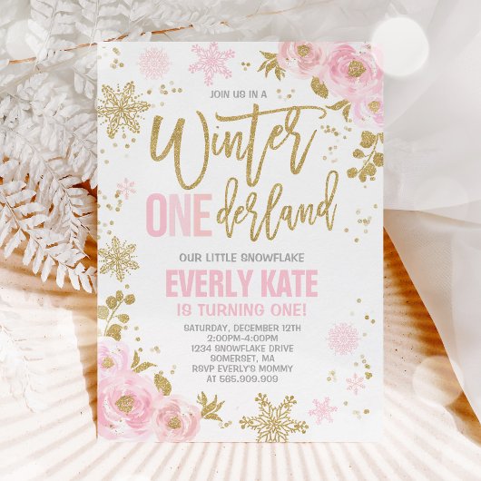 Winter ONEderland Birthday Uitnodiging roze goud