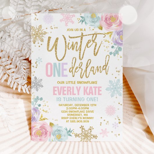 Winter ONEderland Birthday Uitnodiging roze goud