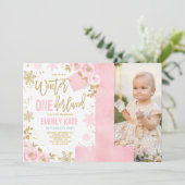 Winter ONEderland Birthday Uitnodiging roze goud (Staand voorkant)