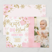 Winter ONEderland Birthday Uitnodiging roze goud (Voorkant / Achterkant)