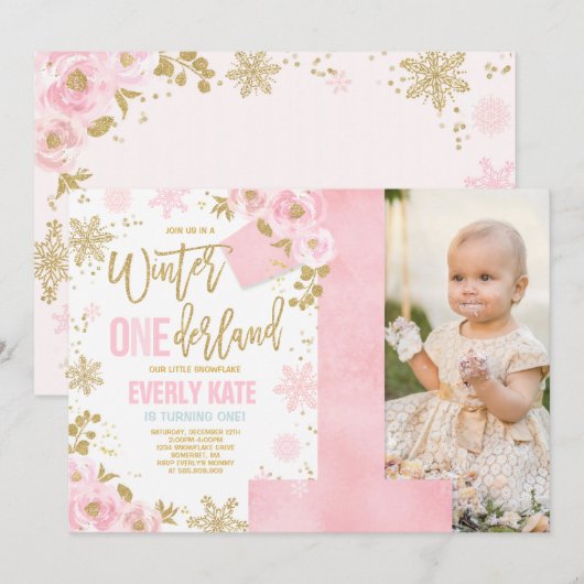 Winter ONEderland Birthday Uitnodiging roze goud (Voorkant / Achterkant)