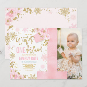 Winter ONEderland Birthday Uitnodiging roze goud