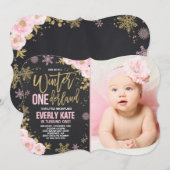 Winter ONEderland Birthday Uitnodiging roze goud (Voorkant / Achterkant)