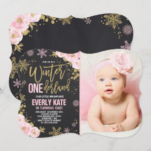 Winter ONEderland Birthday Uitnodiging roze goud