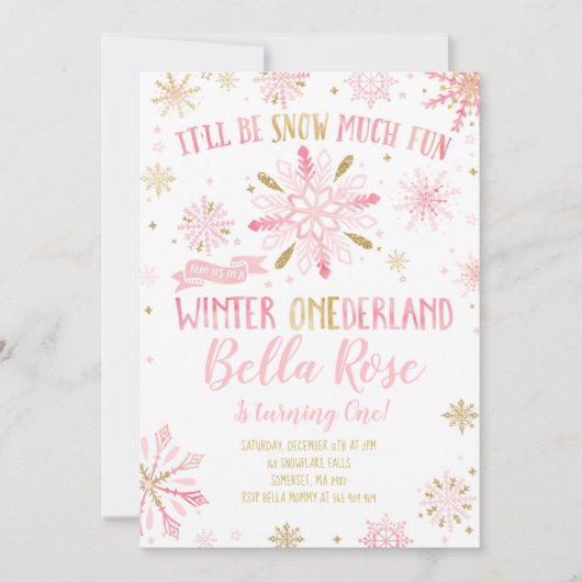 Winter ONEderland Birthday Uitnodiging roze goud (Voorkant)