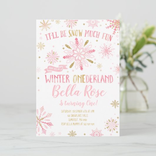 Winter ONEderland Birthday Uitnodiging roze goud (Staand voorkant)