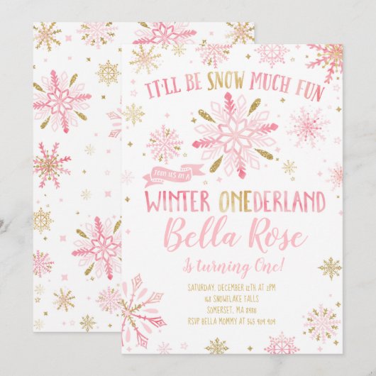 Winter ONEderland Birthday Uitnodiging roze goud (Voorkant / Achterkant)