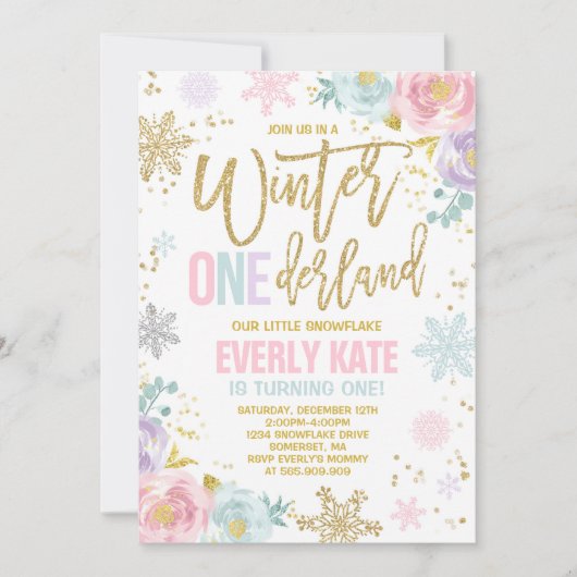 Winter ONEderland Birthday Uitnodiging roze goud (Voorkant)