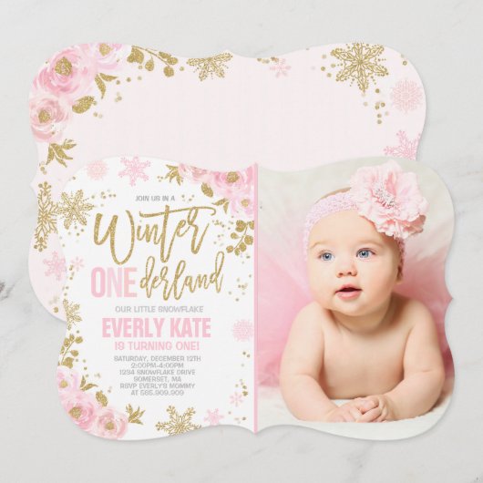 Winter ONEderland Birthday Uitnodiging roze goud (Voorkant / Achterkant)