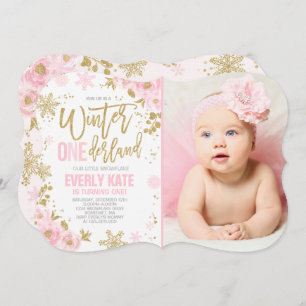 Winter ONEderland Birthday Uitnodiging roze goud