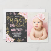 Winter ONEderland Birthday Uitnodiging roze goud (Voorkant)