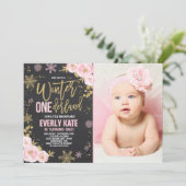 Winter ONEderland Birthday Uitnodiging roze goud (Staand voorkant)