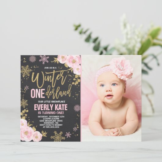 Winter ONEderland Birthday Uitnodiging roze goud (Staand voorkant)