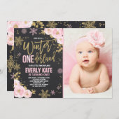 Winter ONEderland Birthday Uitnodiging roze goud (Voorkant / Achterkant)