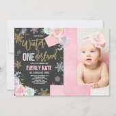 Winter ONEderland Birthday Uitnodiging roze goud (Voorkant)