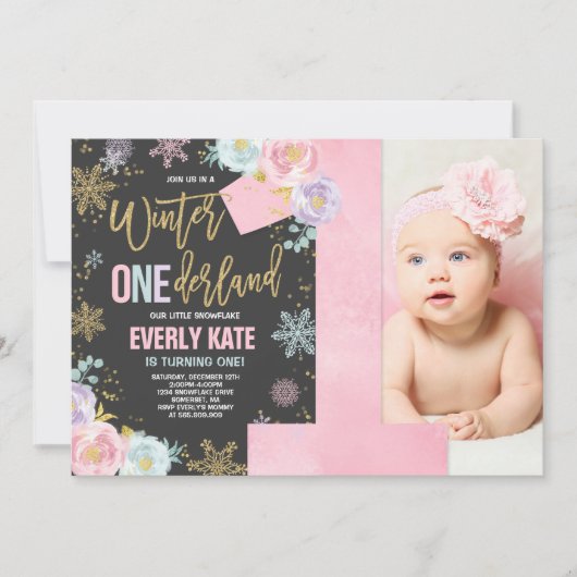 Winter ONEderland Birthday Uitnodiging roze goud (Voorkant)