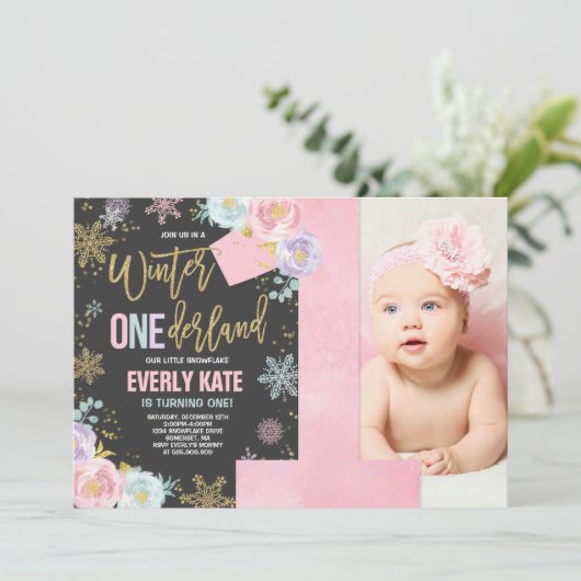 Winter ONEderland Birthday Uitnodiging roze goud (Staand voorkant)
