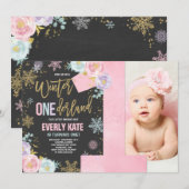 Winter ONEderland Birthday Uitnodiging roze goud (Voorkant / Achterkant)
