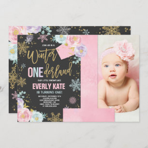 Winter ONEderland Birthday Uitnodiging roze goud