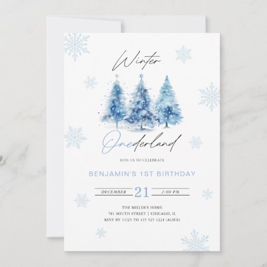 Winter Onederland Blauw 1e Verjaardag uitnodiging (Voorkant)