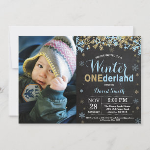 Winter Onederland Blauw en Goud Jongen 1e Verjaard Kaart