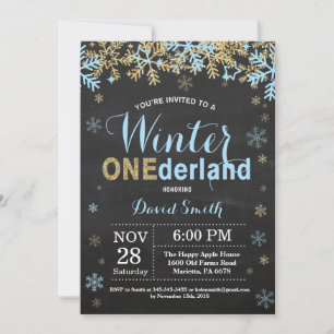 Winter Onederland Blauw en Goud Jongen 1e Verjaard Kaart