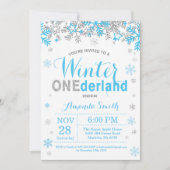 Winter Onederland Blauw en Zilver Jongen 1e Verjaa Kaart (Voorkant)