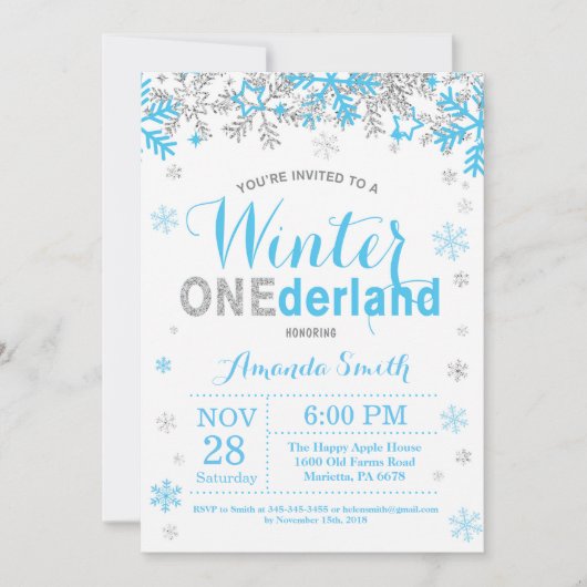 Winter Onederland Blauw en Zilver Jongen 1e Verjaa Kaart (Voorkant)