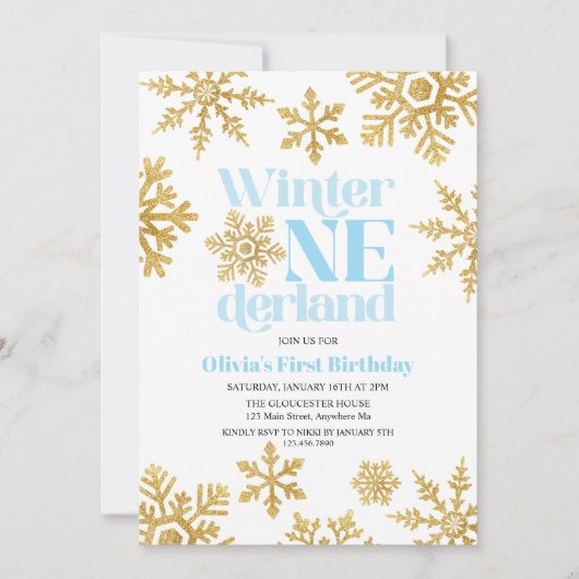 Winter Onederland Blauw Goud Sneeuwvlok 1e verjaar Kaart (Voorkant)