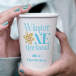 Winter Onederland Blauw Goud Sneeuwvlok 1e verjaar Papieren Bekers