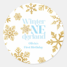 Winter Onederland Blauw Goud Sneeuwvlok 1e verjaar Ronde Sticker