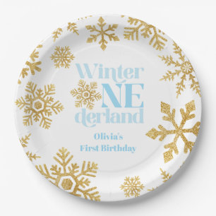 Winter Onederland Blauw Gouden Sneeuwvlok 1e Verja Papieren Bordje