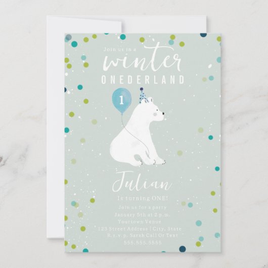 Winter Onederland Blauw Polar Beer 1e Verjaardag Kaart (Voorkant)