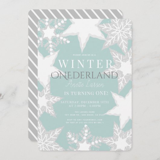 Winter Onederland Blauw & Zilver 1e verjaardag Kaart (Voorkant / Achterkant)