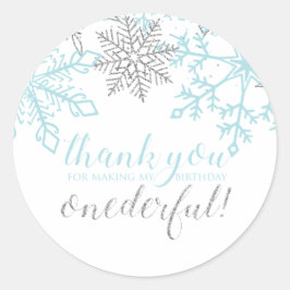 Winter Onederland Blauw Zilver Sneeuwvlok Favor Ronde Sticker