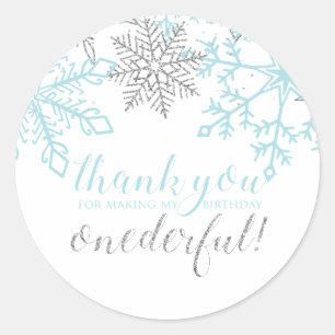 Winter Onederland Blauw Zilver Sneeuwvlok Favor Ronde Sticker