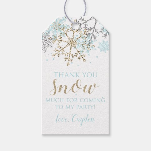 Winter Onederland Blauwe en Gouden Sneeuwvlok Labe Cadeaulabel (Voorkant)