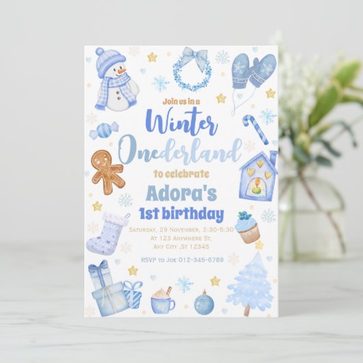 Winter ONEderland Blauwe Kerstdag Uitnodiging (Staand voorkant)