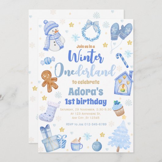 Winter ONEderland Blauwe Kerstdag Uitnodiging (Voorkant / Achterkant)
