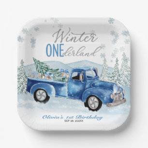Winter Onederland Blauwe Truck Eerste Verjaardag Papieren Bordje