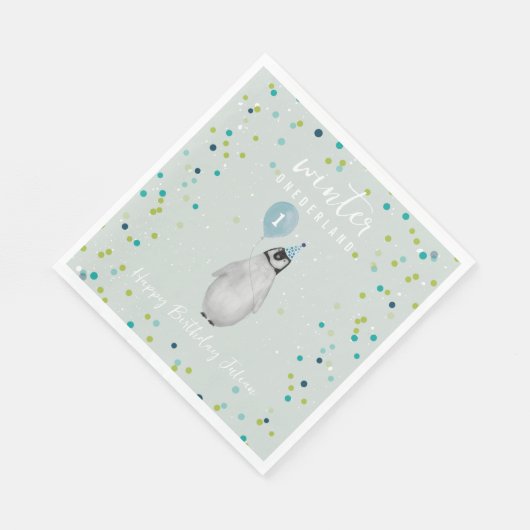 Winter Onederland Blauwe Verjaardag Ballon Penguin Servet (Hoek)