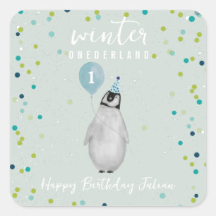 Winter Onederland Blauwe Verjaardag Pinguïn Ballon Vierkante Sticker