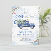 Winter Onederland blauwe vrachtwagen eerste verjaa Kaart (Staand voorkant)