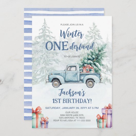 Winter Onederland blauwe vrachtwagen eerste verjaa Kaart (Voorkant / Achterkant)