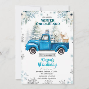 Winter Onederland blauwe vrachtwagen uitnodiging